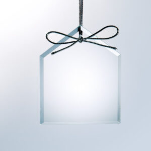 House-shaped crystal award with silver hanging string, ideal for corporate or employee recognition.