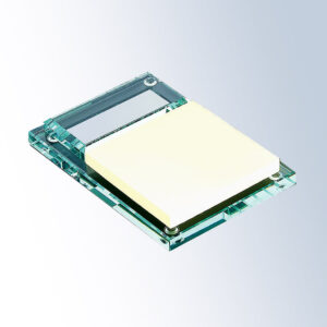 Crystal plaque with clear acrylic base, metallic corner accents, and white panel, ideal for corporate recognition awards.
