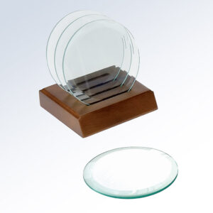 Crystal trophy award in a wooden base, one trophy displayed in front on white background, ideal for corporate recognition.