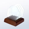 Crystal octagonal trophy with five stacked layers and a wooden base, ideal for corporate or milestone recognition awards.