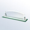 Crystal glass plaque award with curved back panel and aluminum holders, ideal for corporate or employee recognition.