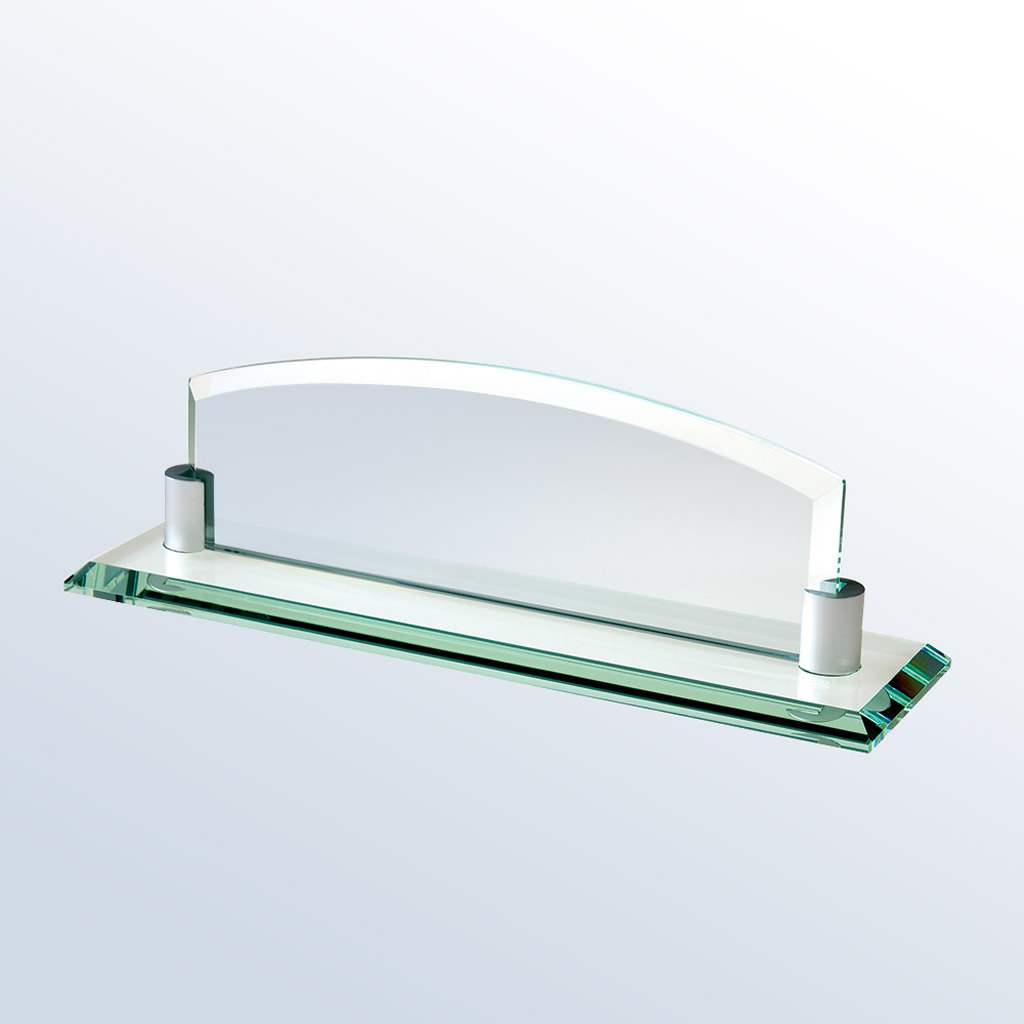 Crystal glass plaque award with curved back panel and aluminum holders, ideal for corporate or employee recognition.