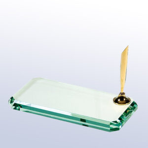 Crystal glass nameplate plaque with beveled edges and a gold pen, ideal for corporate or employee recognition awards.