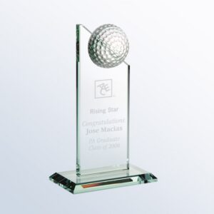 Jade glass crystal golf trophy engraved for Rising Star recognition, featuring ACE logo and personalized graduate details.