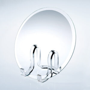 Crystal glass plaque award on clear acrylic stand, ideal for employee recognition or corporate achievement ceremonies.