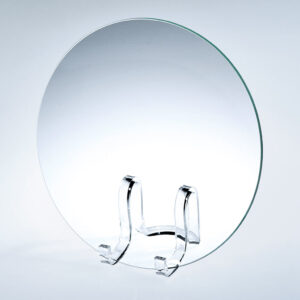 Crystal curved round plate award on clear plastic stand, ideal for corporate or employee recognition.