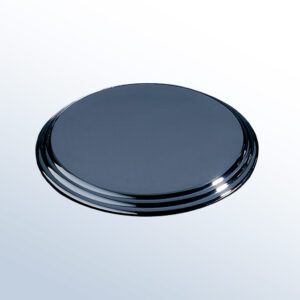 Small round crystal trophy with smoke glass finish, metallic edge, ideal for corporate or employee recognition.