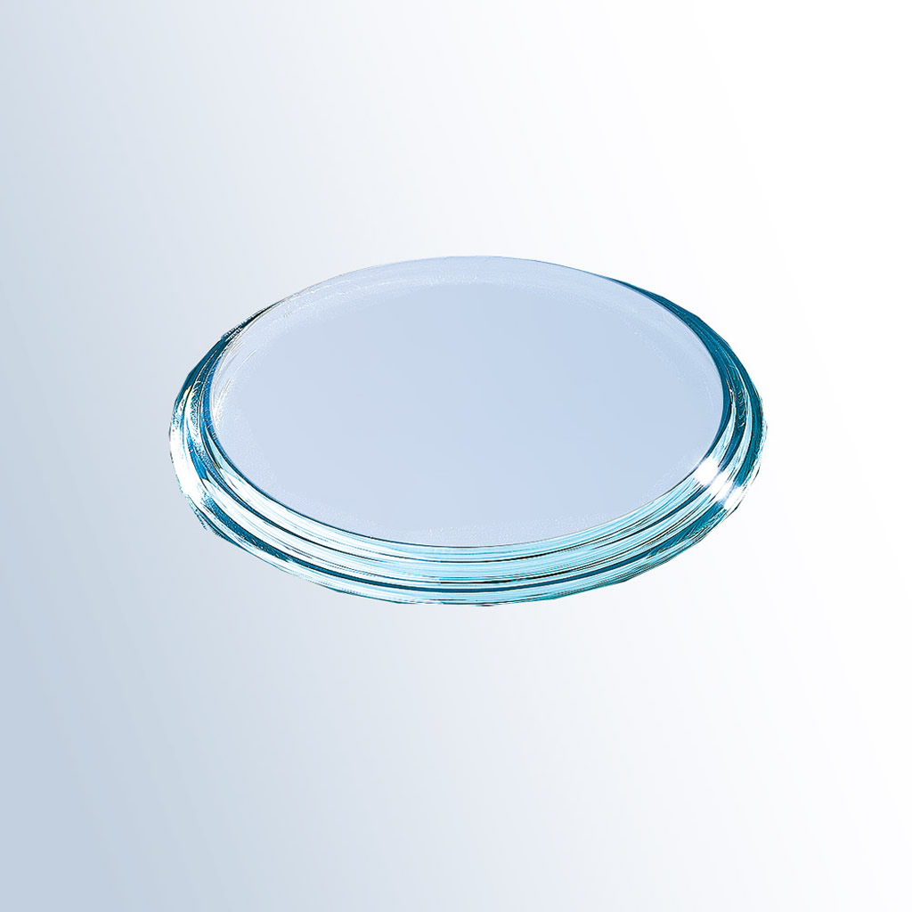 Small clear crystal plaque with rounded edges, ideal for corporate awards or employee recognition.