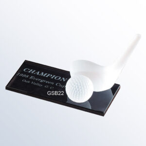 Crystal golf trophy with club and ball on black base, engraved: Champion 1998 Evergreen Cup Oak Valley G.C.