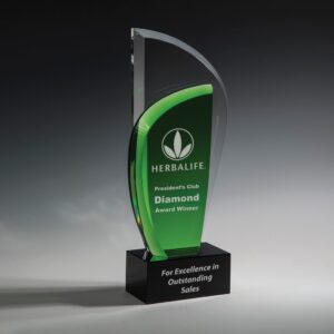 Crystal trophy with green accents, Herbalife logo, Presidents Club Diamond Award Winner for outstanding sales achievement.