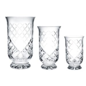 Crystal hurricane vase trophies with diamond-cut design on pedestal bases, ideal for corporate or milestone recognition awards.