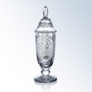 Crystal trophy jar with fitted lid, geometric and starburst cuts, ideal for corporate or employee achievement recognition.