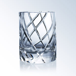 Crystal trophy award with lattice pattern, displayed beside matching bowl on reflective surface, ideal for corporate recognition.
