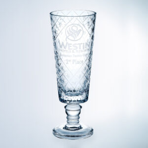 Crystal vase trophy with diamond-cut design, engraved for tennis achievement, displayed against a light background.