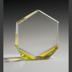Hexagon crystal trophy with yellow base accents, ideal for corporate recognition or milestone awards.