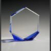Hexagonal crystal trophy with blue accents on a gray surface, ideal for corporate or employee recognition awards.
