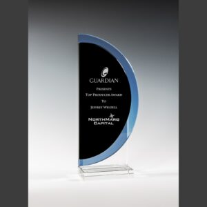 Crystal award plaque with blue edge, presented as a Top Producer corporate recognition on clear glass base.