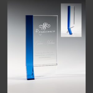 Crystal award plaque with blue accent, Renaissance logo, recipient name, and leadership recognition message; side view inset.
