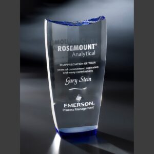 Crystal glass plaque featuring Rosemount Analytical, appreciation message, recipient name, and Emerson Process Management logo.