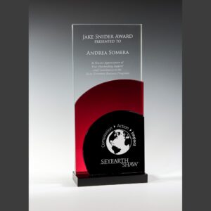 Crystal glass award with red accent, black base, and globe engraving; ideal for corporate or employee recognition.