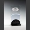 Crystal plaque with globe logo, engraved for Excellence in Distribution Sales, on black base; ideal corporate recognition award.