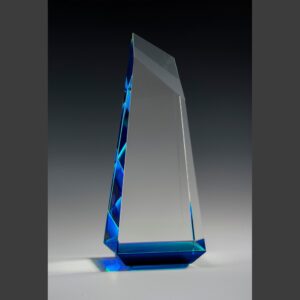 Clear crystal trophy with angular edges and blue-tinted base, ideal for corporate achievement or employee recognition.