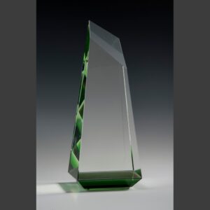 Crystal trophy with green-edged prism design, ideal for corporate or employee recognition, displayed on a plain background.