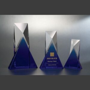 Geometric crystal trophies with blue bases, ideal for corporate or employee recognition awards.