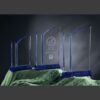 Ocean Drive crystal awards with blue bases, center trophy engraved, ideal for corporate recognition or employee achievements.