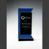 Crystal plaque with blue accent, ideal for corporate milestone or anniversary recognition; glass construction shown.