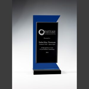 Crystal plaque with blue accent, ideal for corporate milestone or anniversary recognition; glass construction shown.