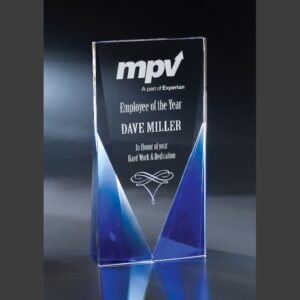 Crystal plaque award with blue accents, recognizing Employee of the Year for corporate achievement; glass construction.