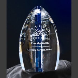 Leaf-shaped crystal award with engraved tree design, ideal for lifetime service or employee recognition.