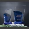 Crystal trophy awards with blue bases on cloth, recognizing corporate employee achievement in human resources.