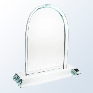 Clear glass crystal arch award on rectangular base, ideal for corporate recognition or milestone achievements.
