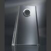 Crystal desk clock award with black analog face, ideal for corporate recognition or milestone achievements.