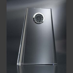 Crystal desk clock award with black analog face, ideal for corporate recognition or milestone achievements.