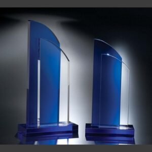 Blue and clear crystal trophy awards with geometric design, ideal for corporate or milestone recognition.