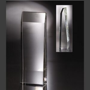 Clear crystal trophy with angled edges, polished finish; ideal for corporate recognition or milestone awards.