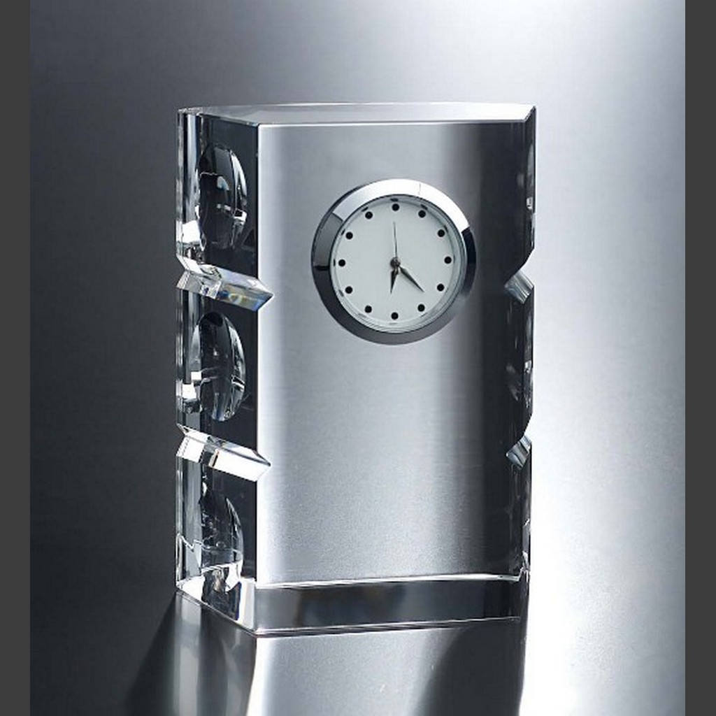 Crystal desk clock award with embedded round white face, ideal for corporate recognition or employee milestone gifts.