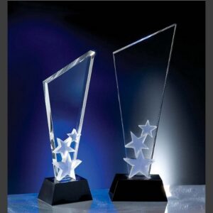 Crystal star awards with frosted star accents on black bases, ideal for corporate recognition or employee achievement.