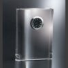 Crystal plaque trophy with embedded analog clock, black face and silver Roman numerals, ideal for corporate recognition.