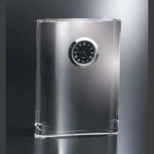 Crystal plaque trophy with embedded analog clock, black face and silver Roman numerals, ideal for corporate recognition.