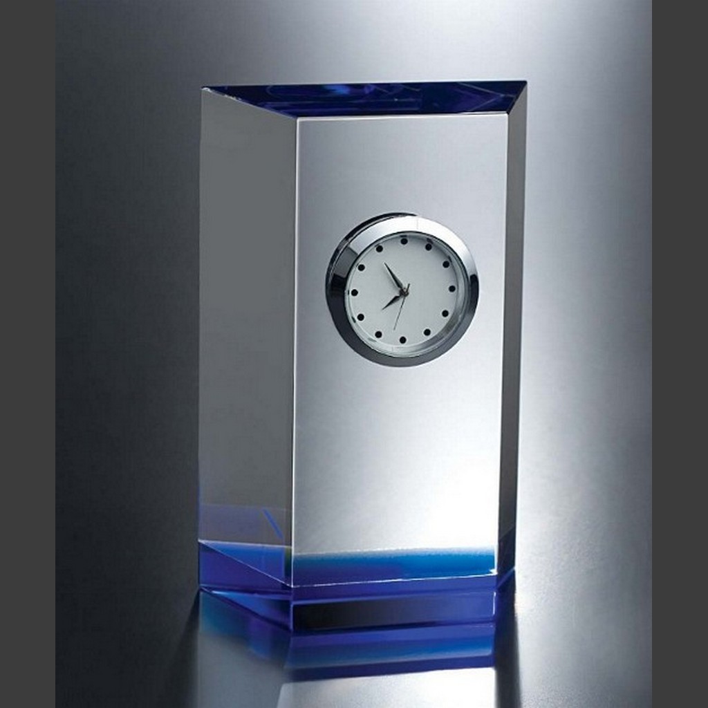 Crystal desk clock award in clear glass block with silver face, ideal for corporate or employee recognition achievements.