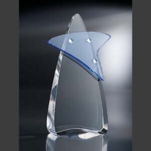 Crystal star award with blue accent and round details, ideal for corporate recognition or employee achievement.