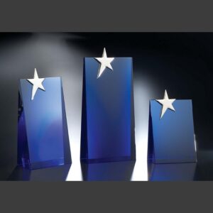Blue crystal star awards with silver accents in three sizes, ideal for corporate or employee achievement recognition.