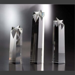Crystal star awards in three sizes with silver stars, ideal for corporate or employee recognition.