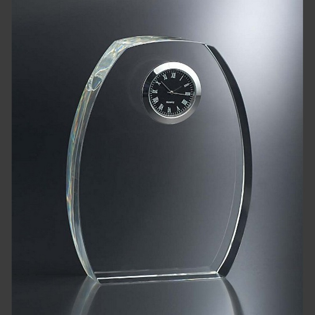 Crystal trophy with black clock inset, Roman numerals, ideal for corporate recognition or employee milestone awards.
