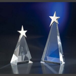 Crystal star awards of varying heights, clear crystal with metallic stars, ideal for employee or corporate recognition.