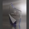 Crystal award trophy with blue accents, honoring excellence in lactation consulting, features Medela logo and engraved details.